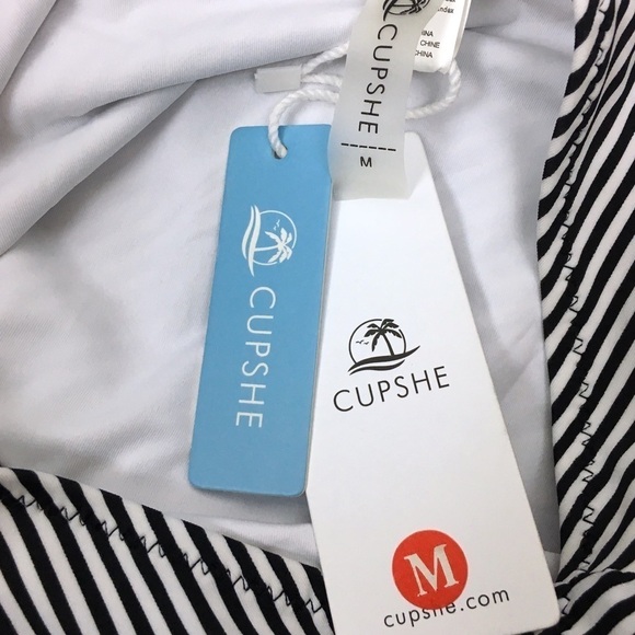 CUPSHE High Waisted Bikini Bottom Stripe Ruched Classic Black White Medium NWT - Picture 8 of 10